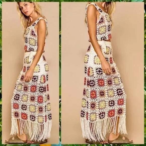 POL Crochet Square Knit Maxi Skirt Size L Tassel Fringe Boho Grandma Core Cream - Picture 3 of 11